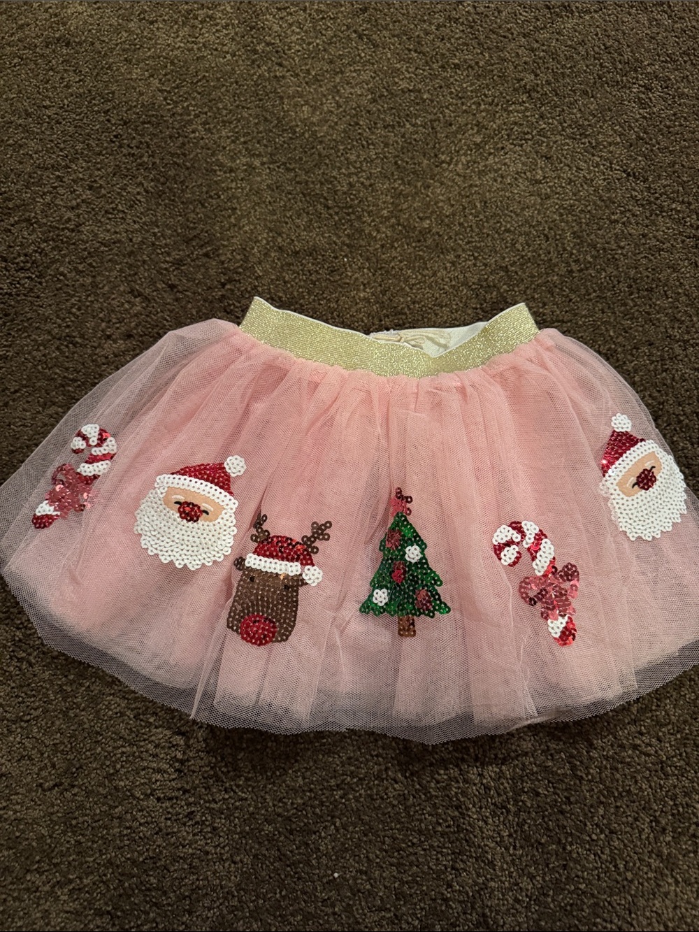 Girls' Pink Christmas Sequin Tulle Skirt with Gold Waistband